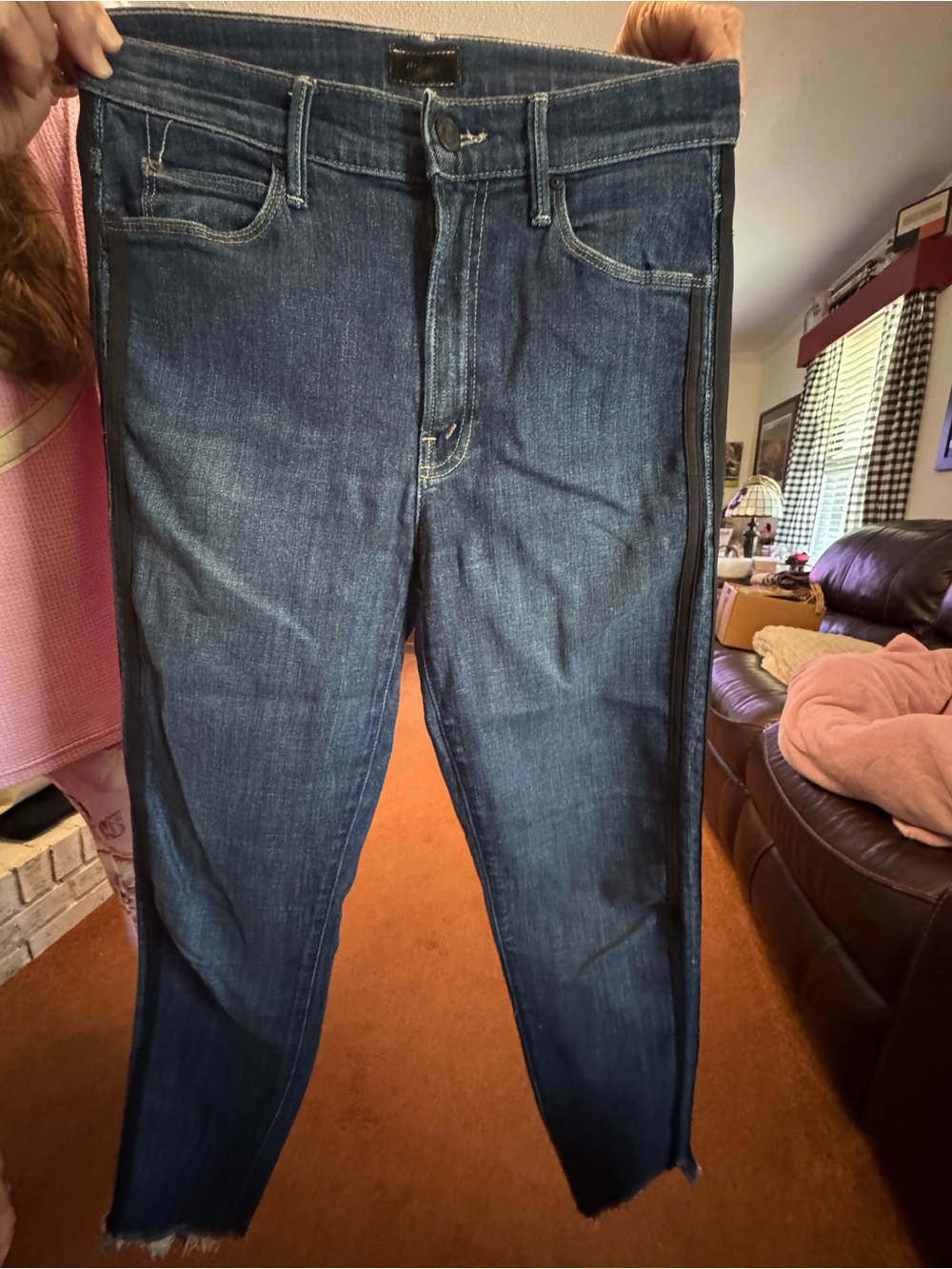 MOTHER Skinny Jeans in Dark Blue Denim with Black Side Stripe